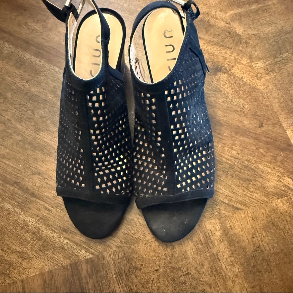 Unisa Black Laser-Cut Peep Toe Slingback Mules